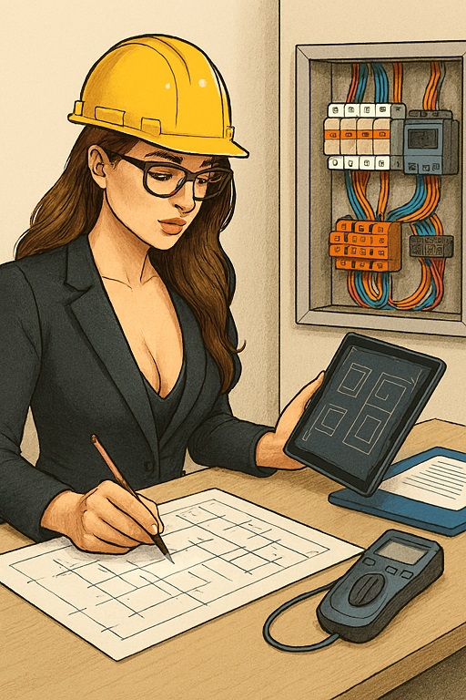 Enginyer/a treballant amb plànols i programari CAD davant d’un quadre elèctric